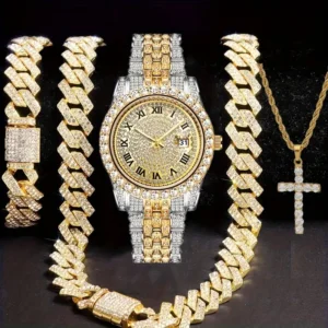 Conjunto de Joyería Glamuroso de 4 Piezas para Hombre: Estilo Hip Hop con Reloj de Estrás, Collar con Colgante de Cruz y Pulsera